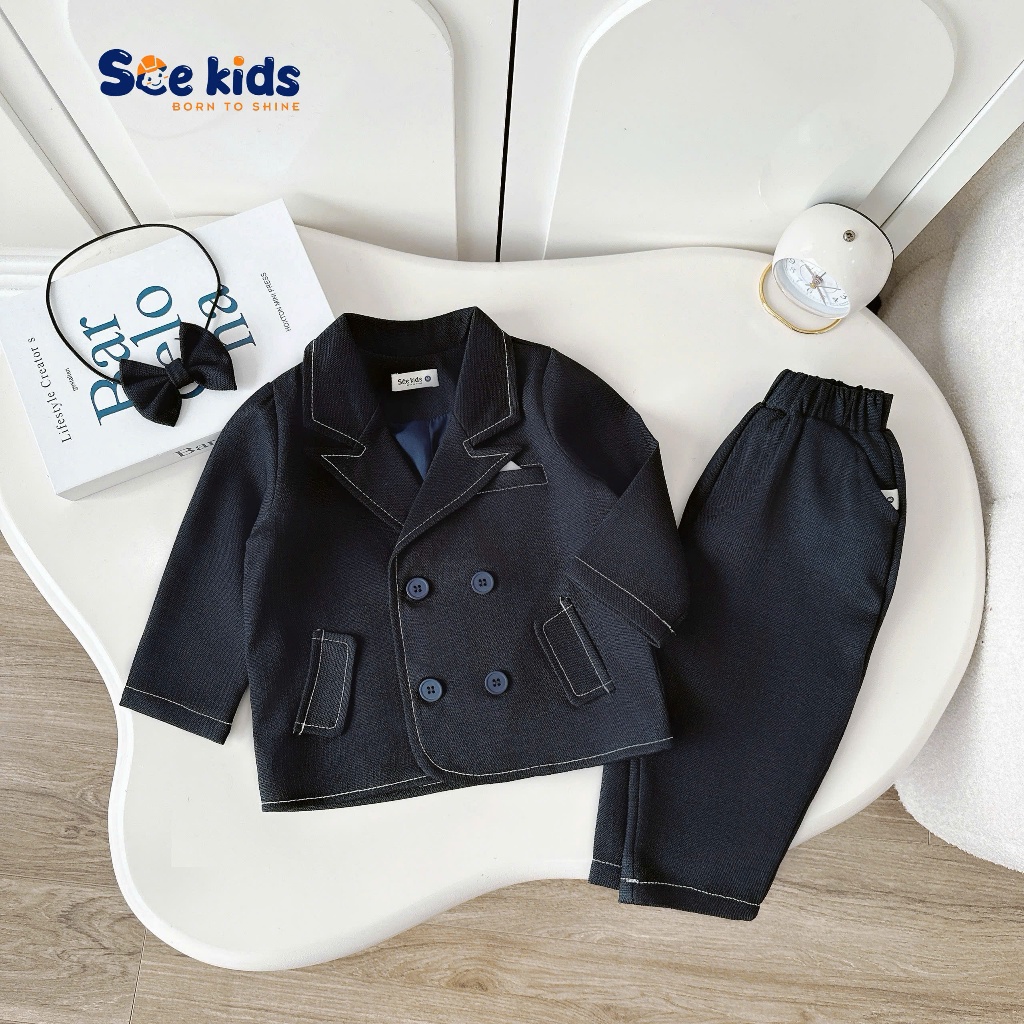 Bộ vest dạ text may chỉ nổi 3 chi tiết, bộ suit complet công tử cho bé trai SBVD5022