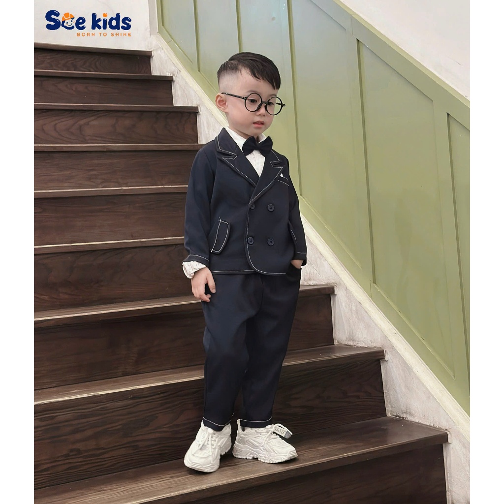 Bộ vest dạ text may chỉ nổi 3 chi tiết, bộ suit complet công tử cho bé trai SBVD5022