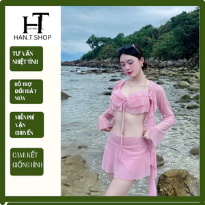 Set bikini đi biển tua rua LAYER HỒNG ngọt ngào nữ tính, bánh bèo, HAN.T SHOP