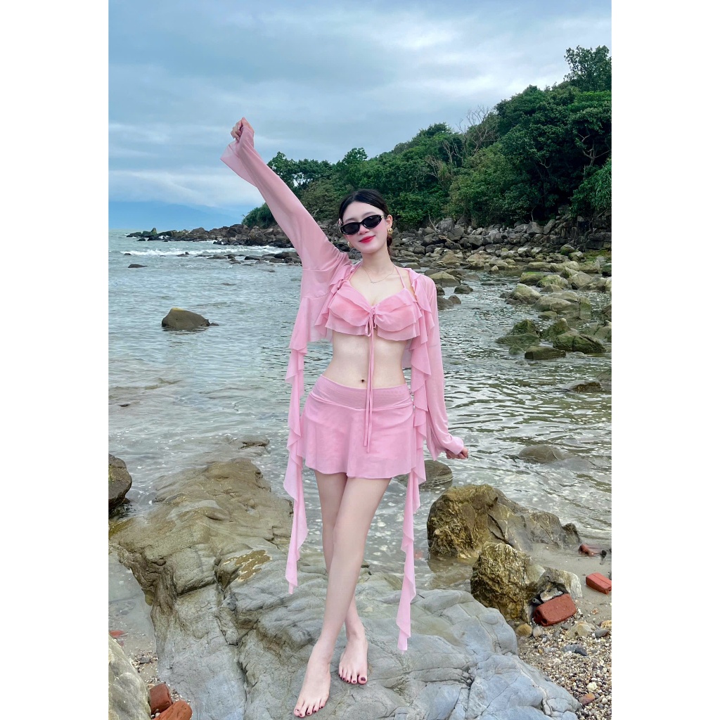 [BKN 1086] Set bikini đi biển tua rua LAYER HỒNG ngọt ngào nữ tính, bánh bèo, HAN.T SHOP