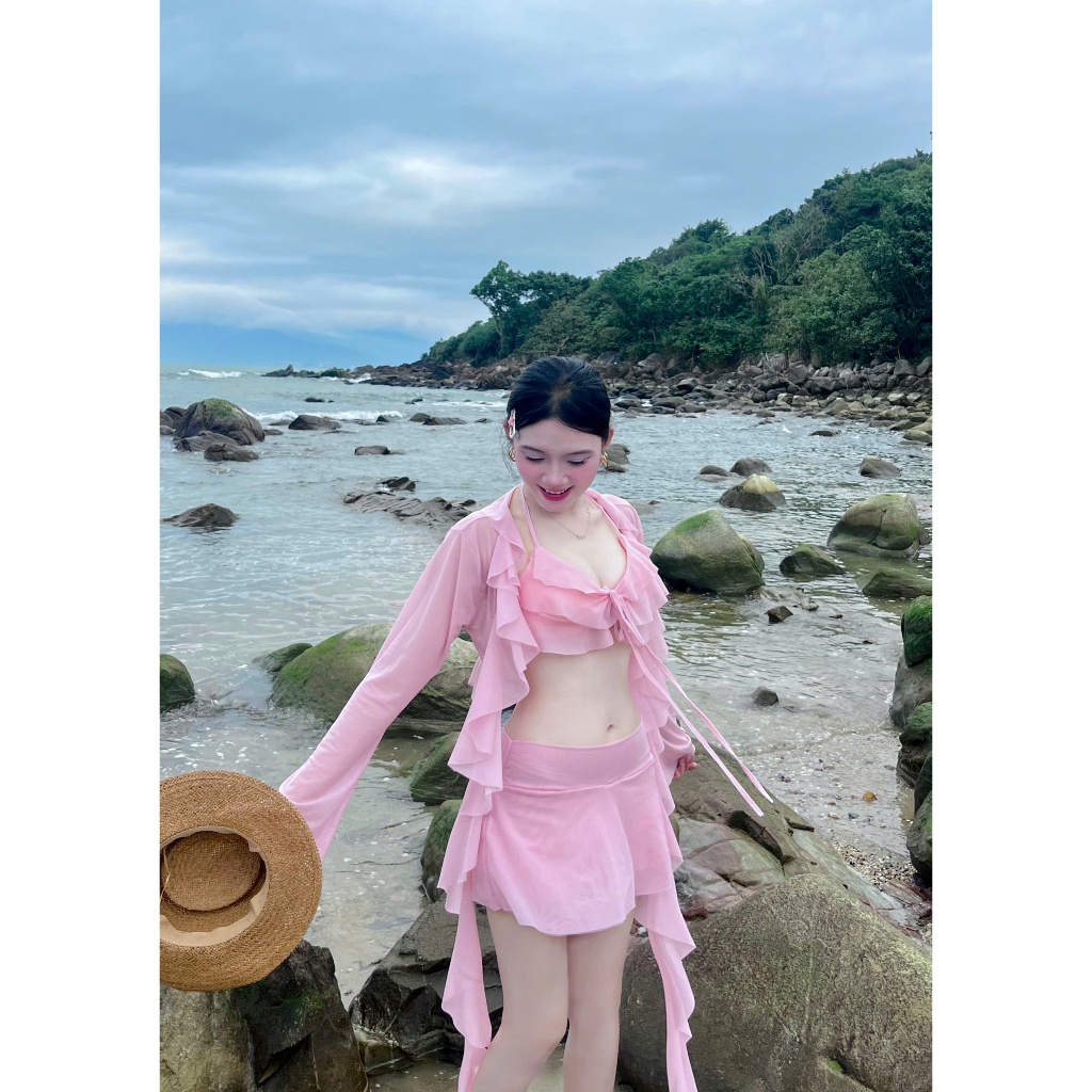 [BKN 1086] Set bikini đi biển tua rua LAYER HỒNG ngọt ngào nữ tính, bánh bèo, HAN.T SHOP