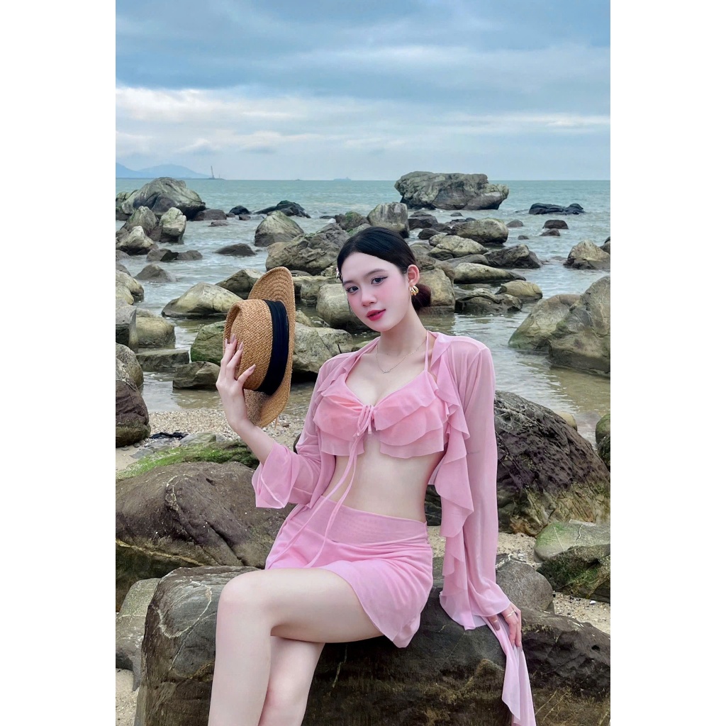 [BKN 1086] Set bikini đi biển tua rua LAYER HỒNG ngọt ngào nữ tính, bánh bèo, HAN.T SHOP