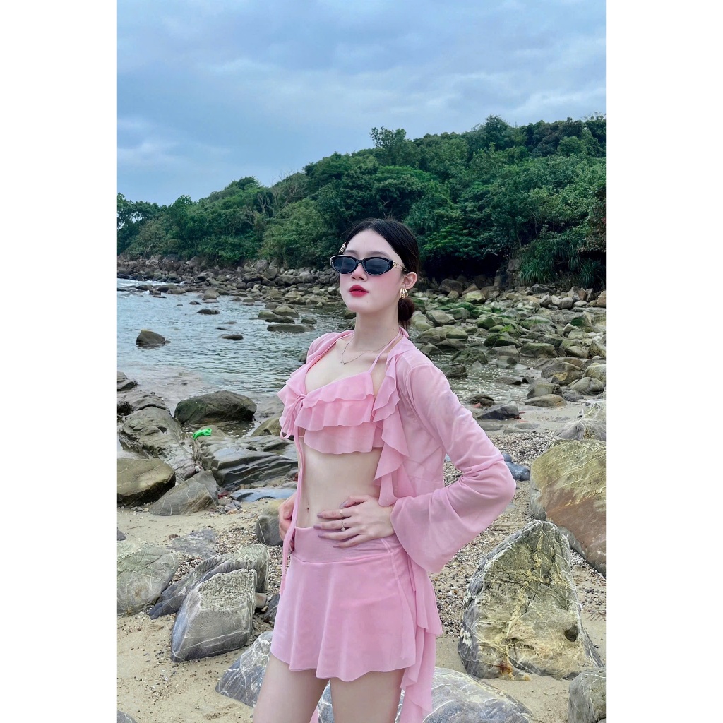 [BKN 1086] Set bikini đi biển tua rua LAYER HỒNG ngọt ngào nữ tính, bánh bèo, HAN.T SHOP
