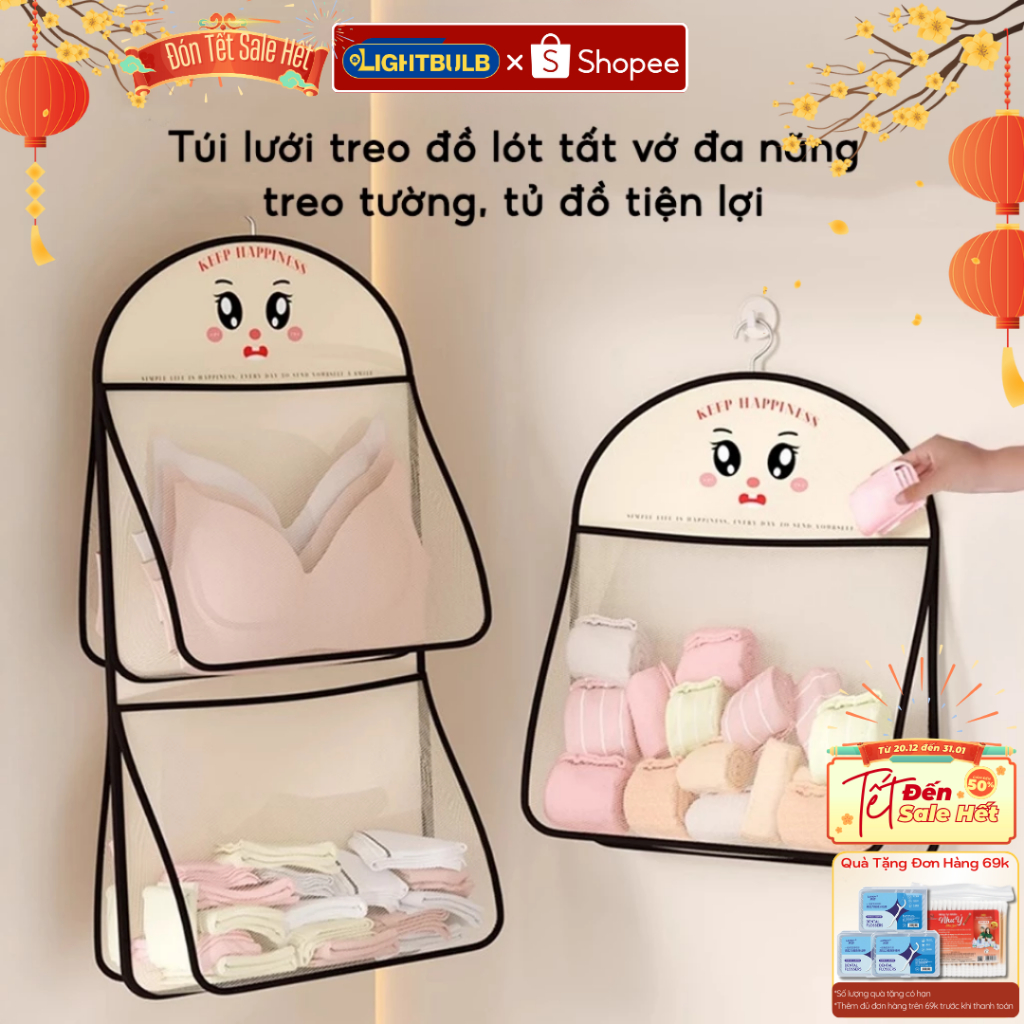 Túi Lưới Đựng Đồ Lót Tất Vớ Treo Tường - Giỏ Treo Đồ Cá Nhân Có Quai Xách Nhỏ Gọn Tiện Dụng