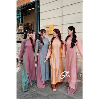 Set áo dài lụa kèm nơ hoa 4 màu chất vải lụa hàn châu cao cấp ánh nhũ bắt nắng siêu đẹp sang chảnh - Baotrang.clothes