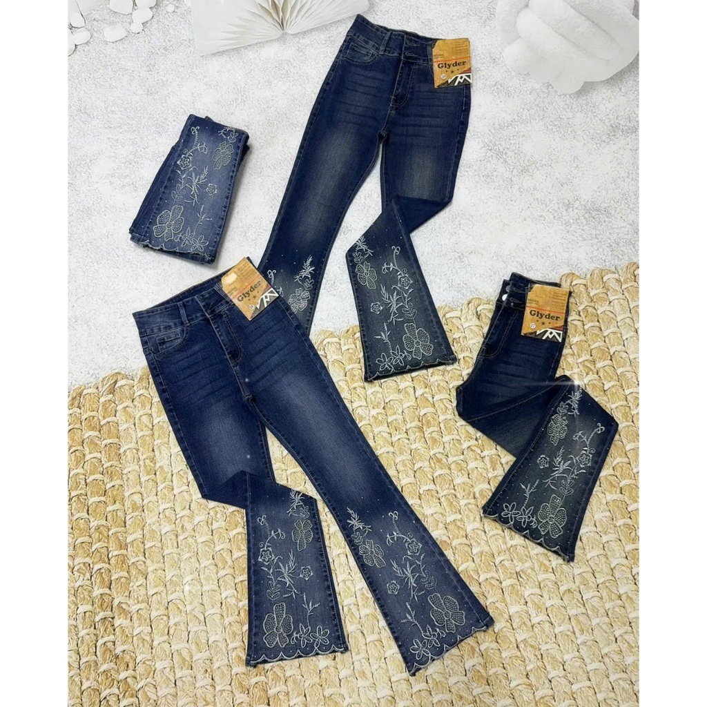 98-100cm Quần Jeans Nữ Lưng Cao Ống Loe Dài Thêu Hoa CO Giãn Tốn Dáng Hàng Thiết Kế Cao Cấp