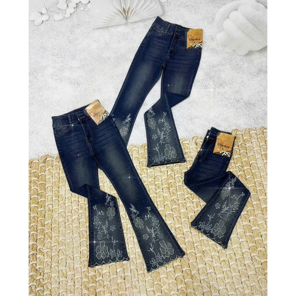 98-100cm Quần Jeans Nữ Lưng Cao Ống Loe Dài Thêu Hoa CO Giãn Tốn Dáng Hàng Thiết Kế Cao Cấp
