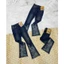 Quần Jeans Nữ Lưng Cao Ống Loe Dài Thêu Hoa Đính Đá Lai Gợn Sóng