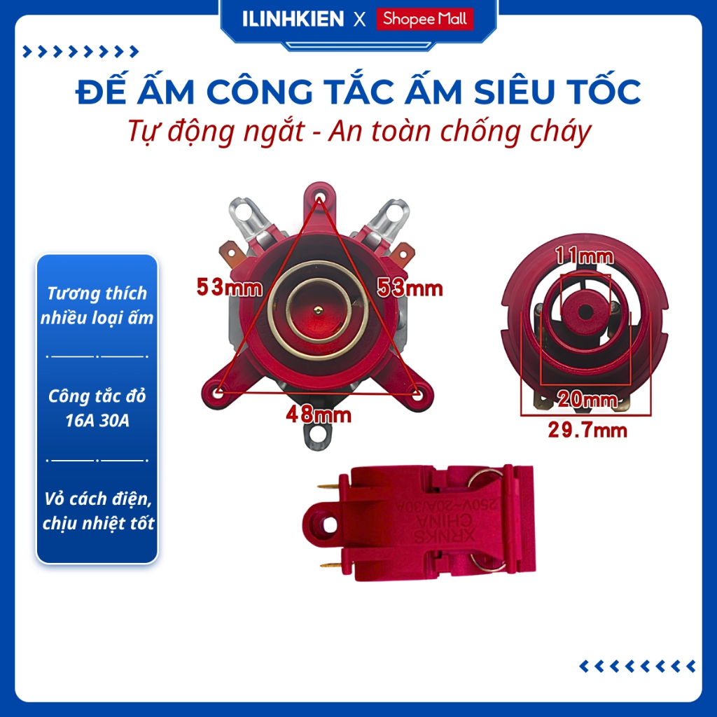 Đế ấm siêu tốc công tắc màu đỏ chịu nhiệt độ cao chính hãng ILinhkien