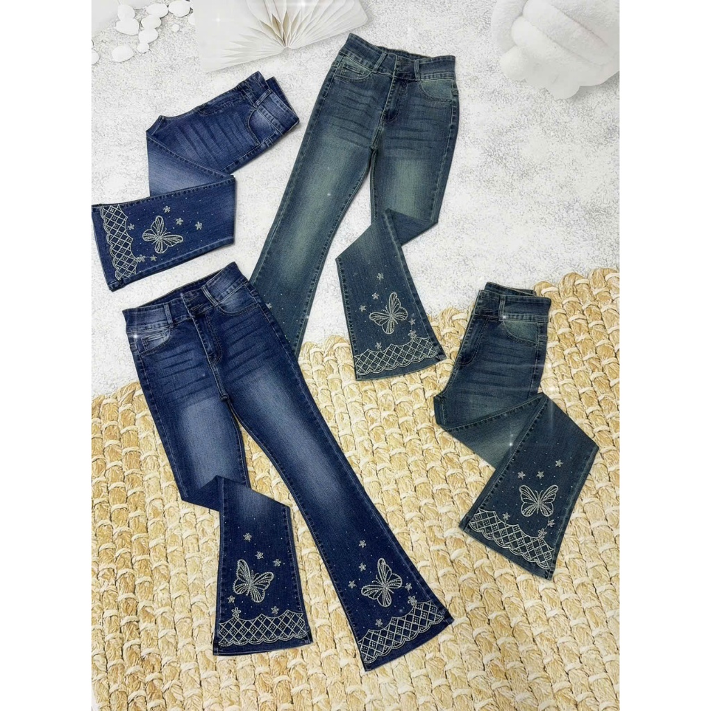 98-100cm Quần Jeans Nữ Lưng Cao Ống Loe Dài  Thêu Nơ Đính Đá Lai Gợn Sóng Thời Trang