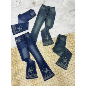 98-100cm Quần Jeans Nữ Lưng Cao Ống Loe Dài Thêu Nơ Đính Đá Lai Gợn Sóng Thời Trang