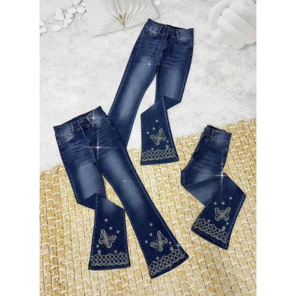 98-100cm Quần Jeans Nữ Lưng Cao Ống Loe Dài  Thêu Nơ Đính Đá Lai Gợn Sóng Thời Trang