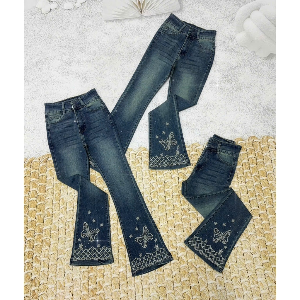 98-100cm Quần Jeans Nữ Lưng Cao Ống Loe Dài  Thêu Nơ Đính Đá Lai Gợn Sóng Thời Trang