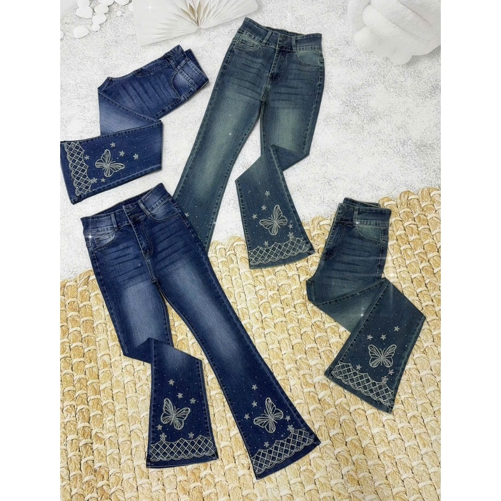 98-100cm Quần Jeans Nữ Lưng Cao Ống Loe Dài  Thêu Nơ Đính Đá Lai Gợn Sóng Thời Trang