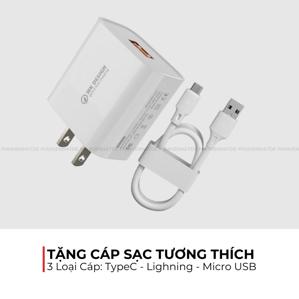 Cốc Sạc Nhanh WEKOME WP-U57 QC3.0 18W – TẶNG CÁP SẠC Type-C / Micro USB / Lighning
