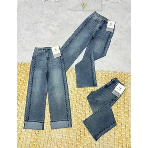 105cm Quần Jeans Nữ, Quần Bò Nữ Ống Suông Thêu viền Lưng Cao Co giãn Tôn Dáng