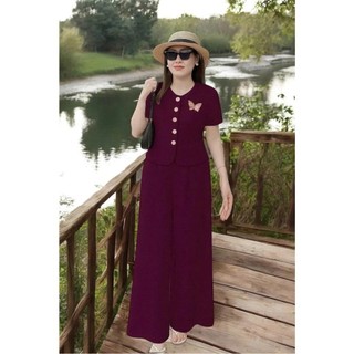 Bộ Đồ Trung Niên Nữ ÁoTay Ngắn Phối Họa Tiết, Quần Ống Suông Thô Đũi Mát In Họa Tiết Thêu Tỉ Mỉ- Anh Thư Shop (AT17)