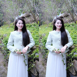 MIMI CLOTHING -Áo khoác tweed nữ xanh pastel phối nút ngọc sang trọng, dáng lửng