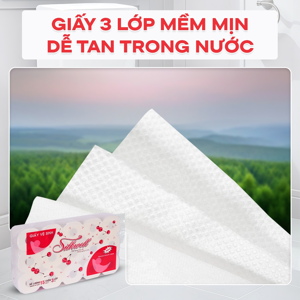 Giấy vệ sinh Silkwell Cherry 15 cuộn 3 lớp có lõi, chất giấy siêu dai, nềm mịn, an toàn tuyệt đối cho da