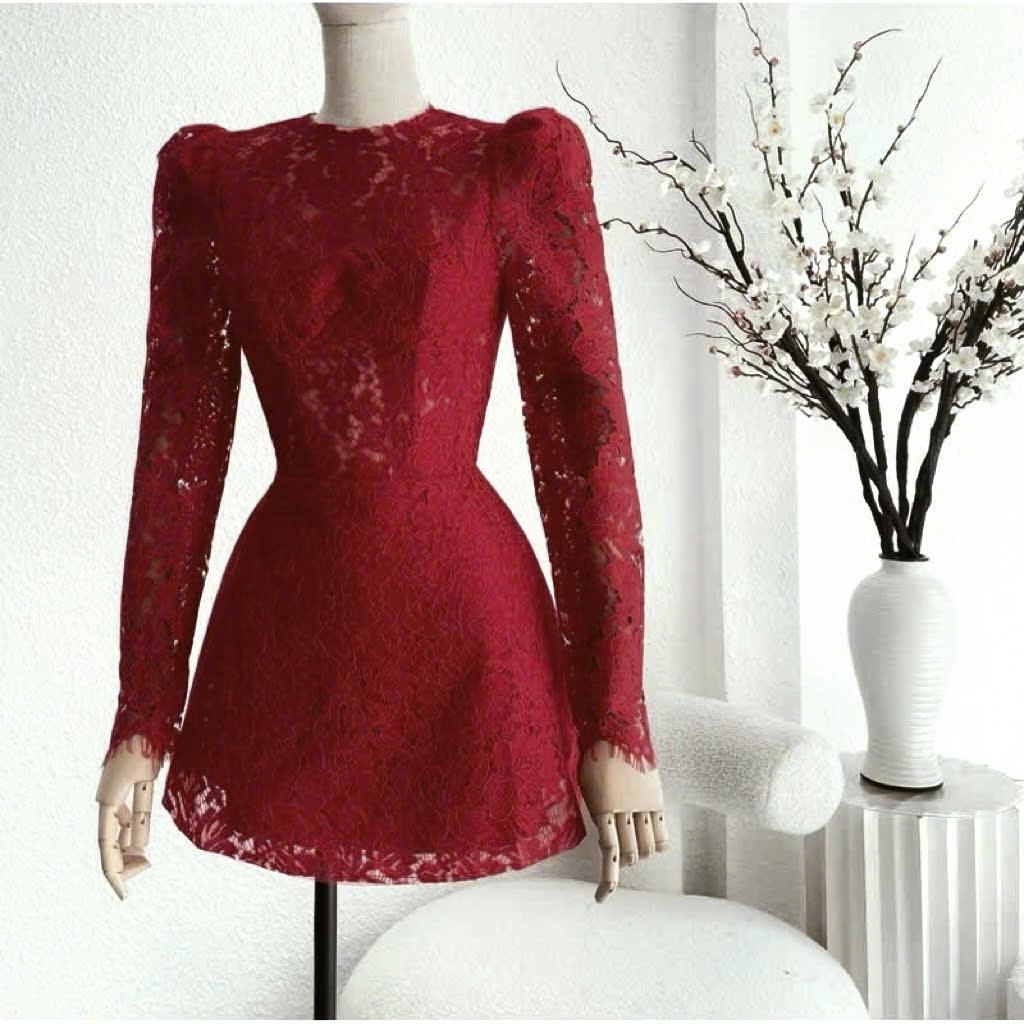 VÁY REN TAY DÀI ÔM XÒE TRẮNG ĐỎ