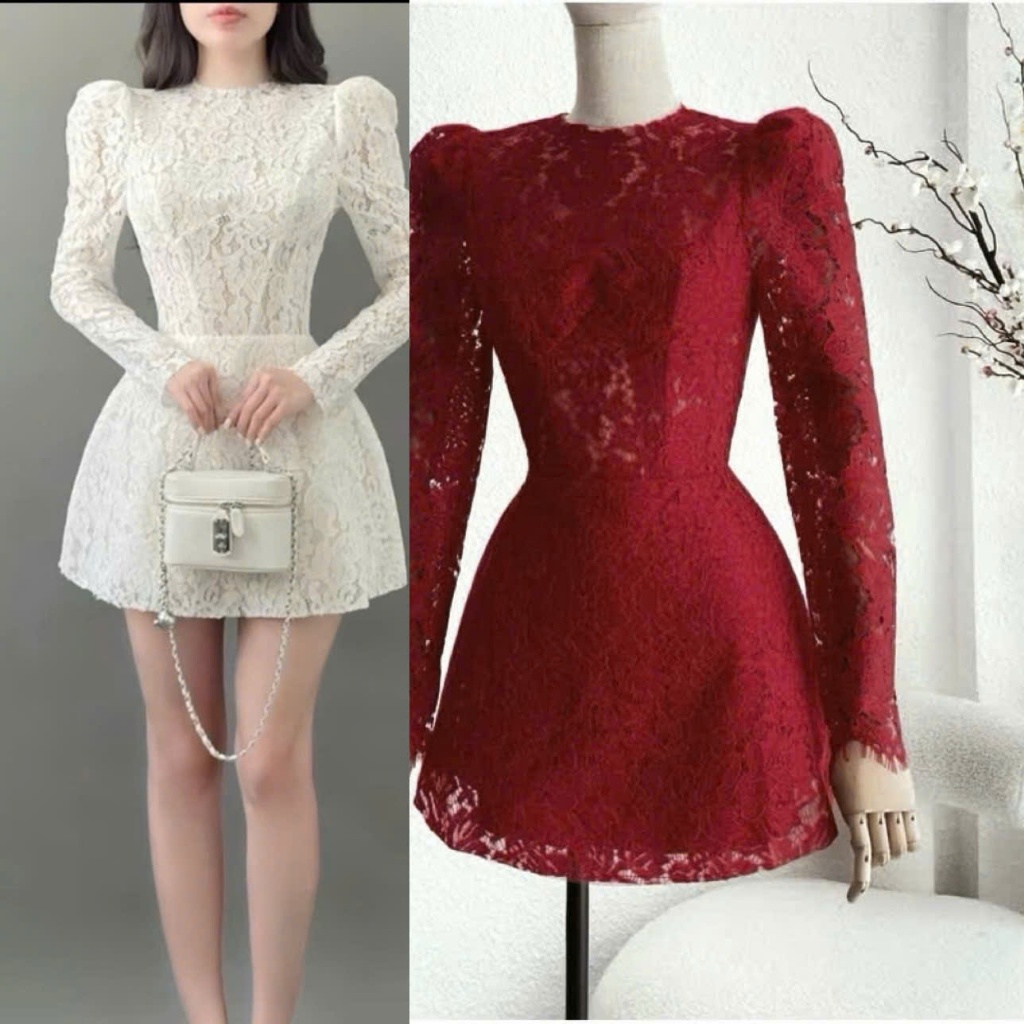 VÁY REN TAY DÀI ÔM XÒE TRẮNG ĐỎ
