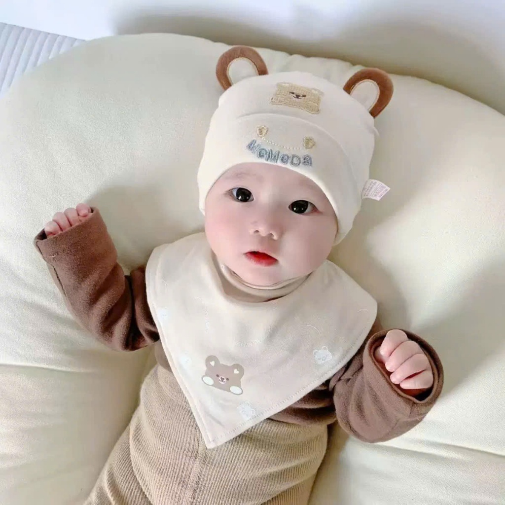 Mũ Yếm Bộ Gấu Dễ Thương Trẻ Sơ Sinh Mũ Cotton Bé Trai Bé Gái ,Từ 0-12 Tháng