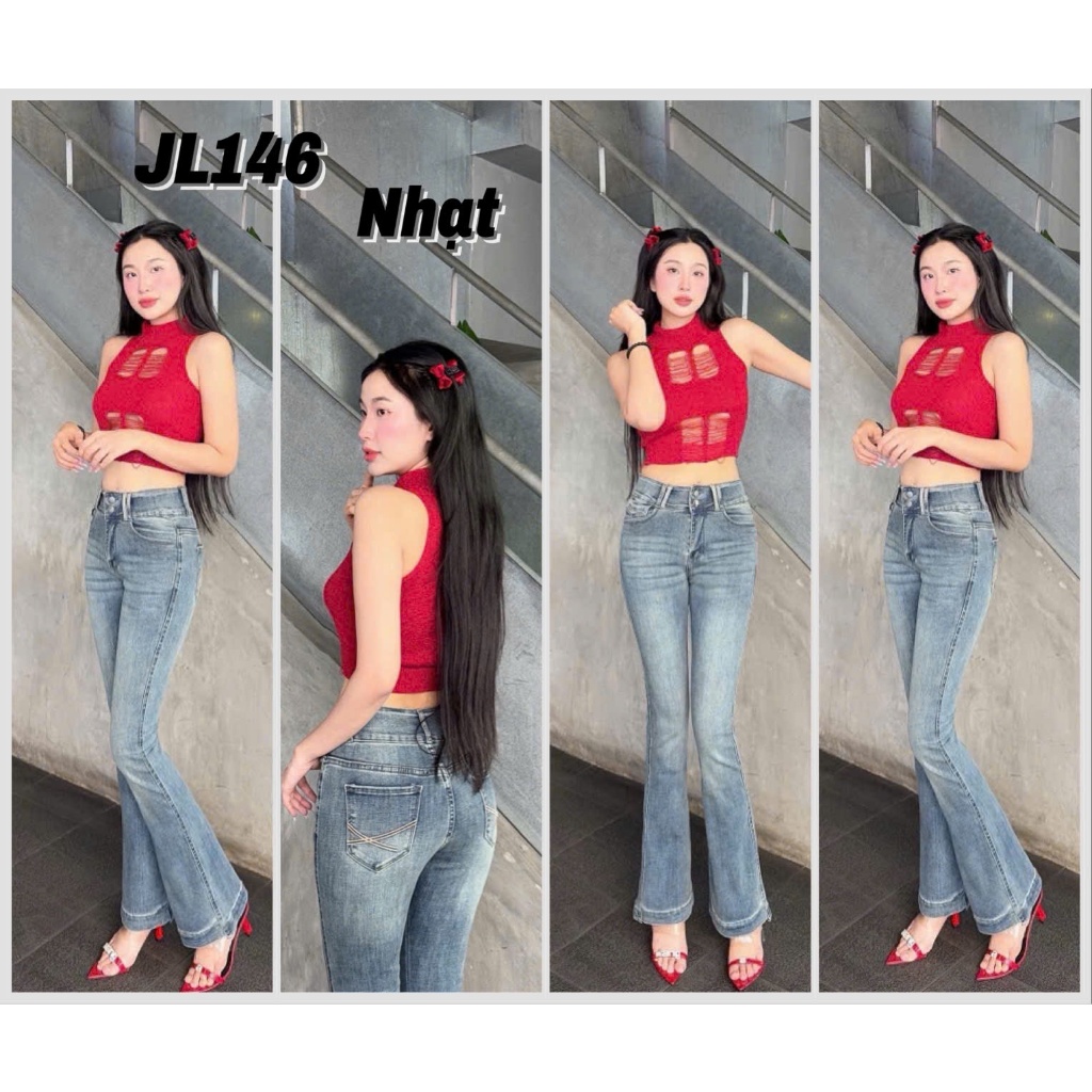 98-100cm Quần Jeans Nữ Lưng Cao Ống Loe Dài Phối Túi Nhỏ Thời Trang chất CO Giãn