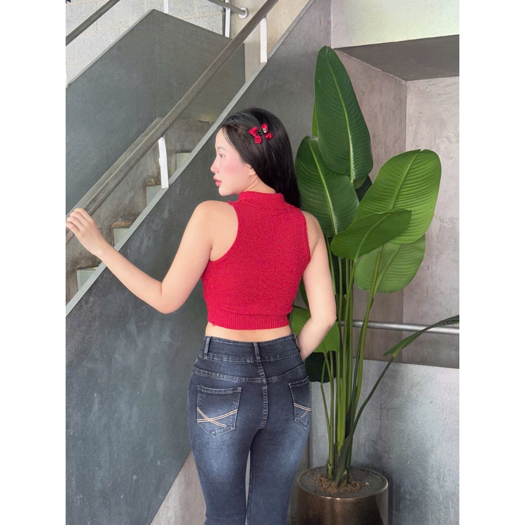98-100cm Quần Jeans Nữ Lưng Cao Ống Loe Dài Phối Túi Nhỏ Thời Trang chất CO Giãn
