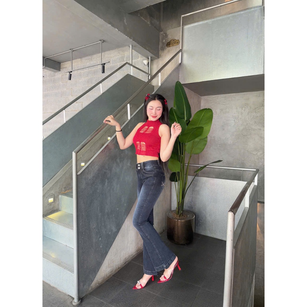 98-100cm Quần Jeans Nữ Lưng Cao Ống Loe Dài Phối Túi Nhỏ Thời Trang chất CO Giãn
