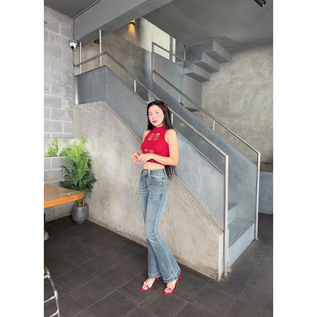 98-100cm Quần Jeans Nữ Lưng Cao Ống Loe Dài Phối Túi Nhỏ Thời Trang chất CO Giãn