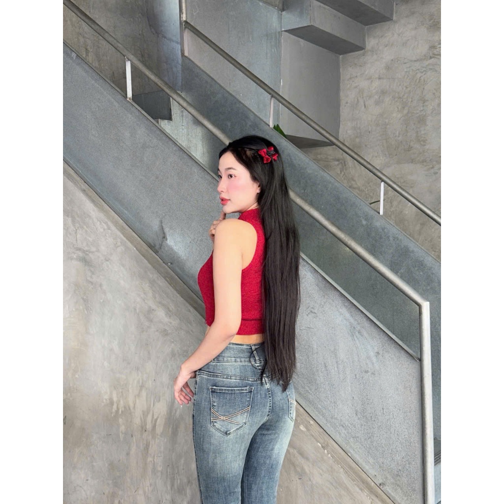 98-100cm Quần Jeans Nữ Lưng Cao Ống Loe Dài Phối Túi Nhỏ Thời Trang chất CO Giãn