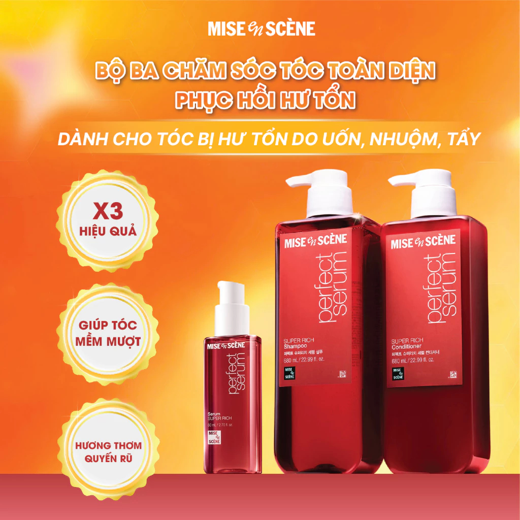 [SIZE LỚN] Bộ Ba Gội Xả Dưỡng Mise En Scène Perfect Serum Super Rich dành cho tóc hư tổn nặng do uốn, nhuộm