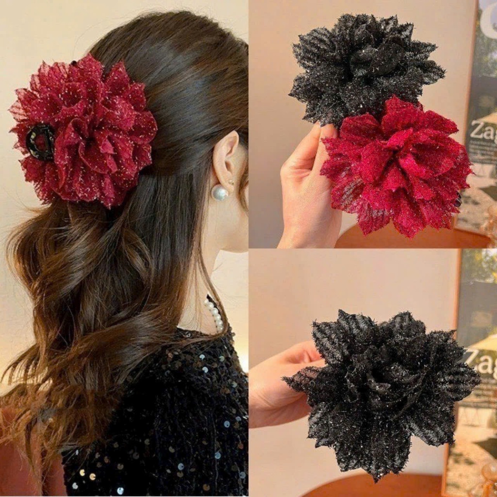 Kẹp tóc nữ kẹp nhựa hoa to hoa vải kim tuyến sang trọng