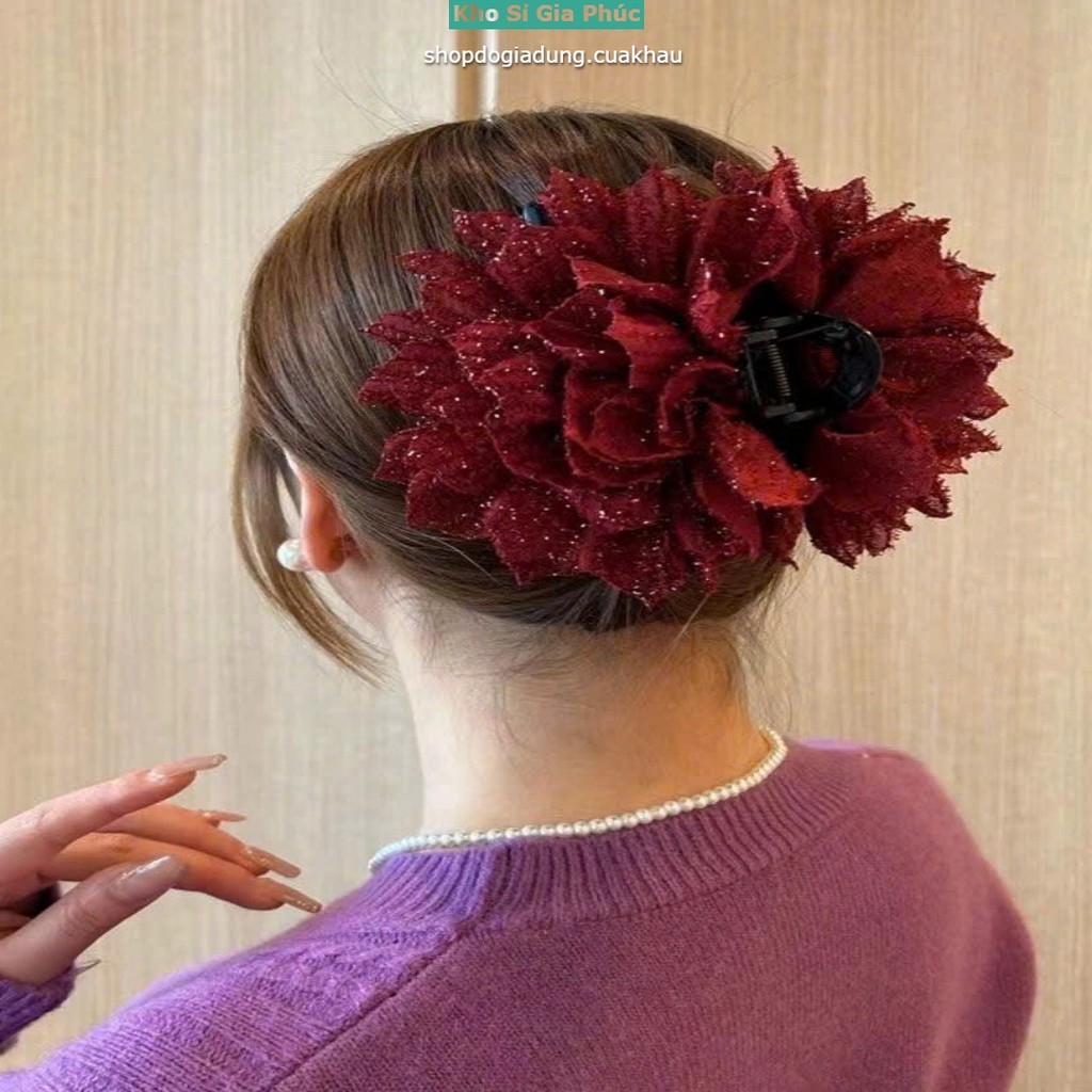 Kẹp tóc nữ kẹp nhựa hoa to hoa vải kim tuyến sang trọng