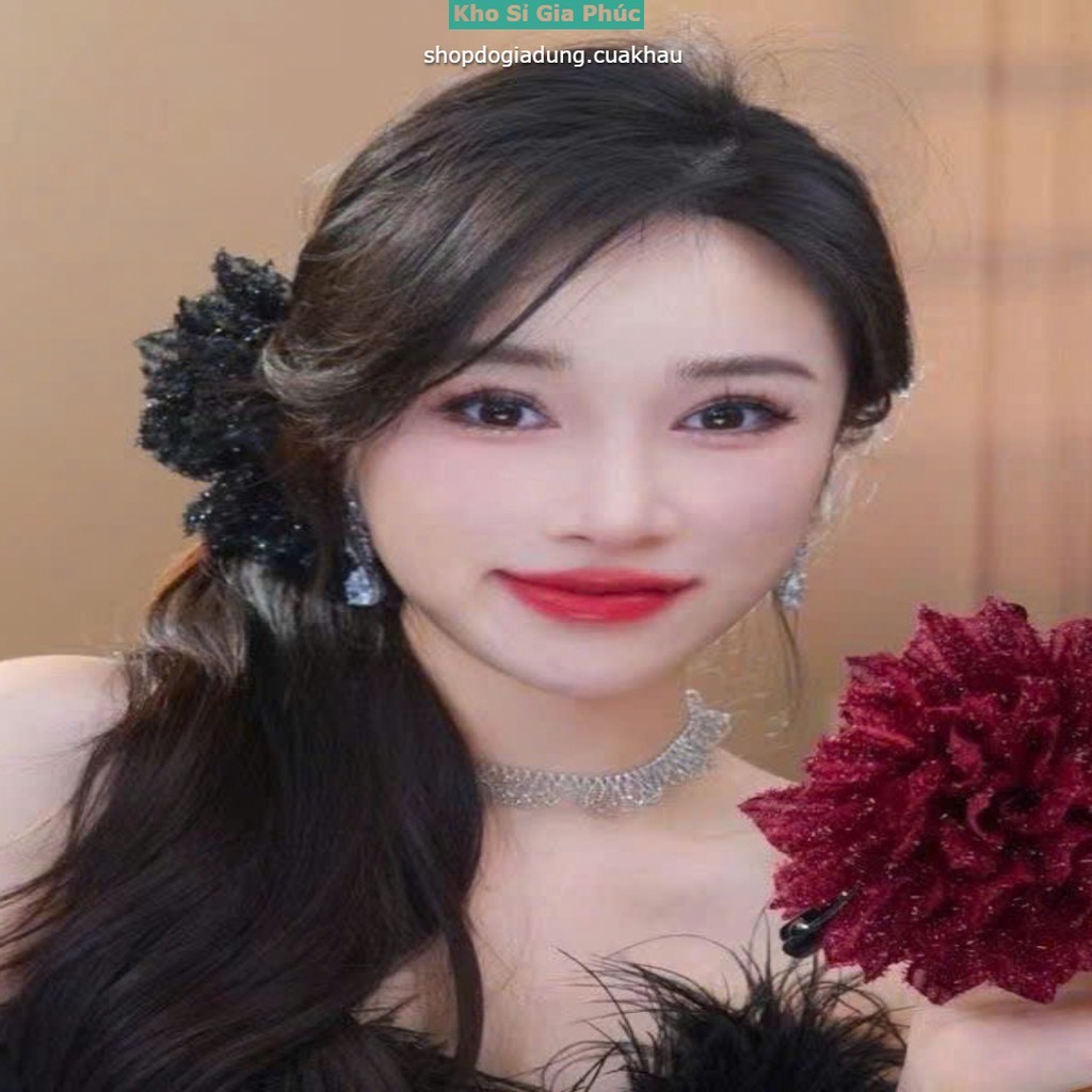 Kẹp tóc nữ kẹp nhựa hoa to hoa vải kim tuyến sang trọng