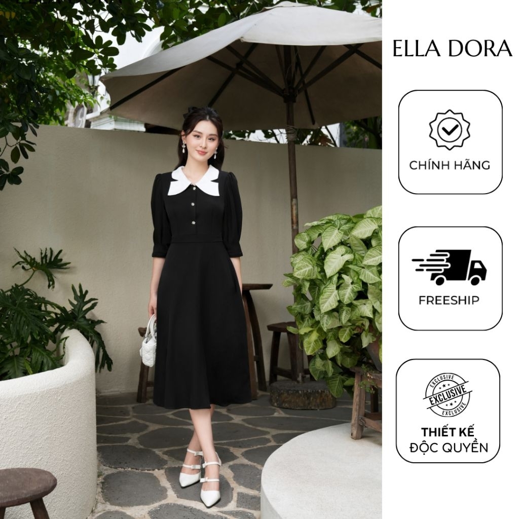 Đầm nữ ELLA DORA cổ phối đính cúc đá dáng gọn thiết kế thanh lịch sang trọng màu đen [D86]