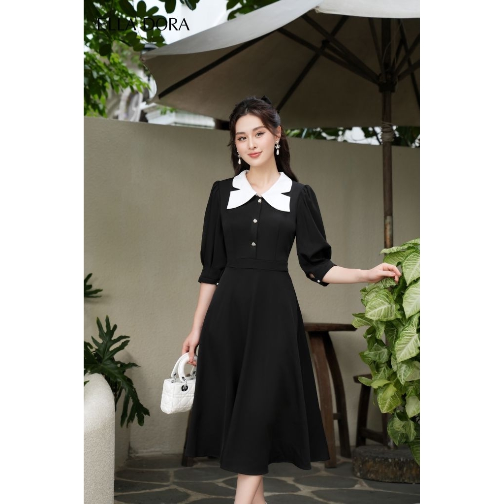 Đầm nữ ELLA DORA cổ phối đính cúc đá dáng gọn thiết kế thanh lịch sang trọng màu đen [D86]