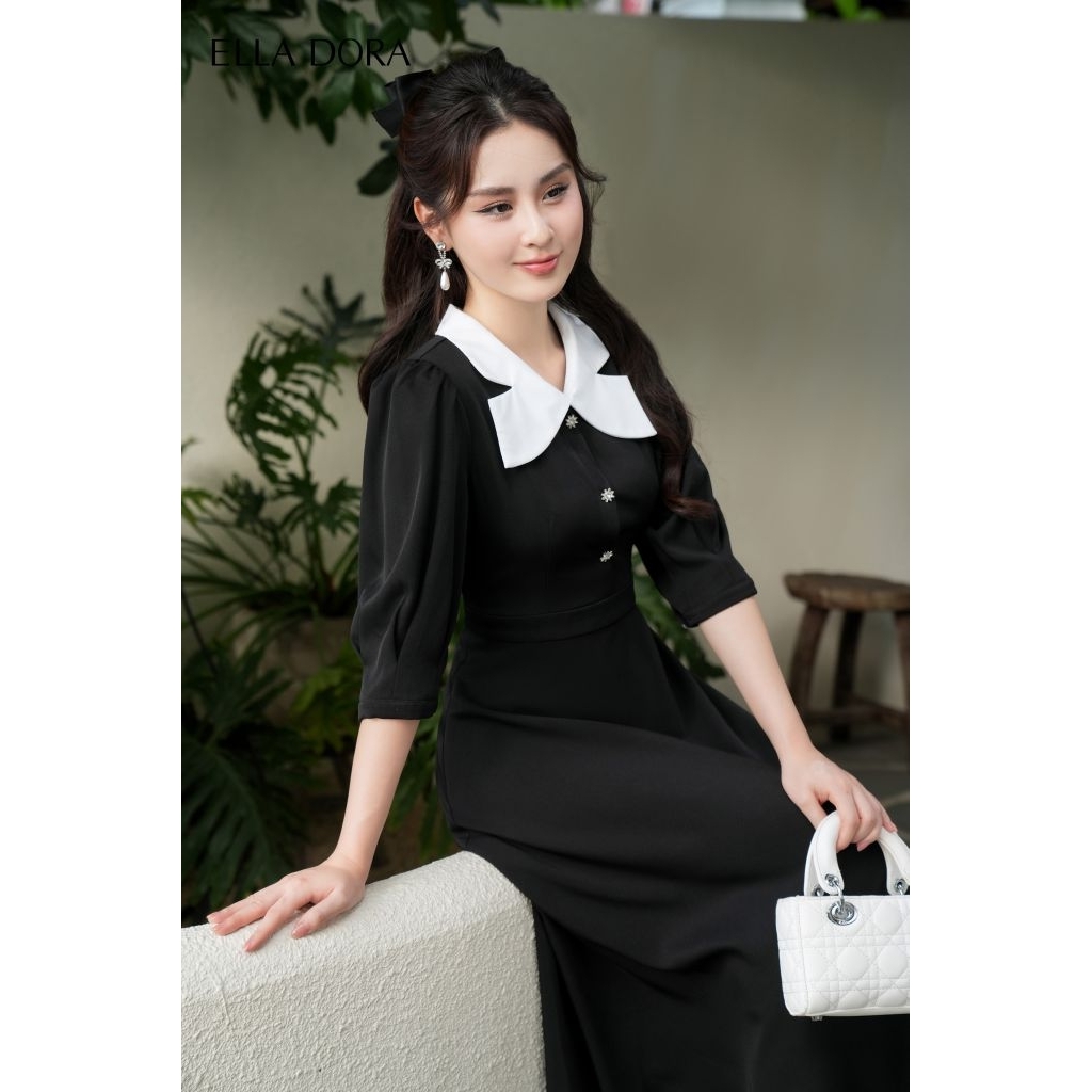 Đầm nữ ELLA DORA cổ phối đính cúc đá dáng gọn thiết kế thanh lịch sang trọng màu đen [D86]