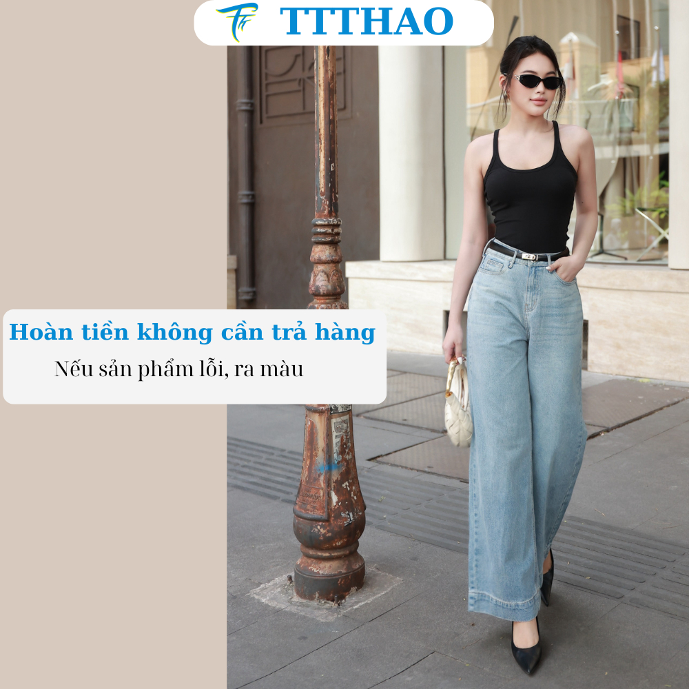 Quần jeans nữ TTTHAO ống rộng dài 103-105cm cao cấp  lưng cao 100% jeans cotton không co giãn J23