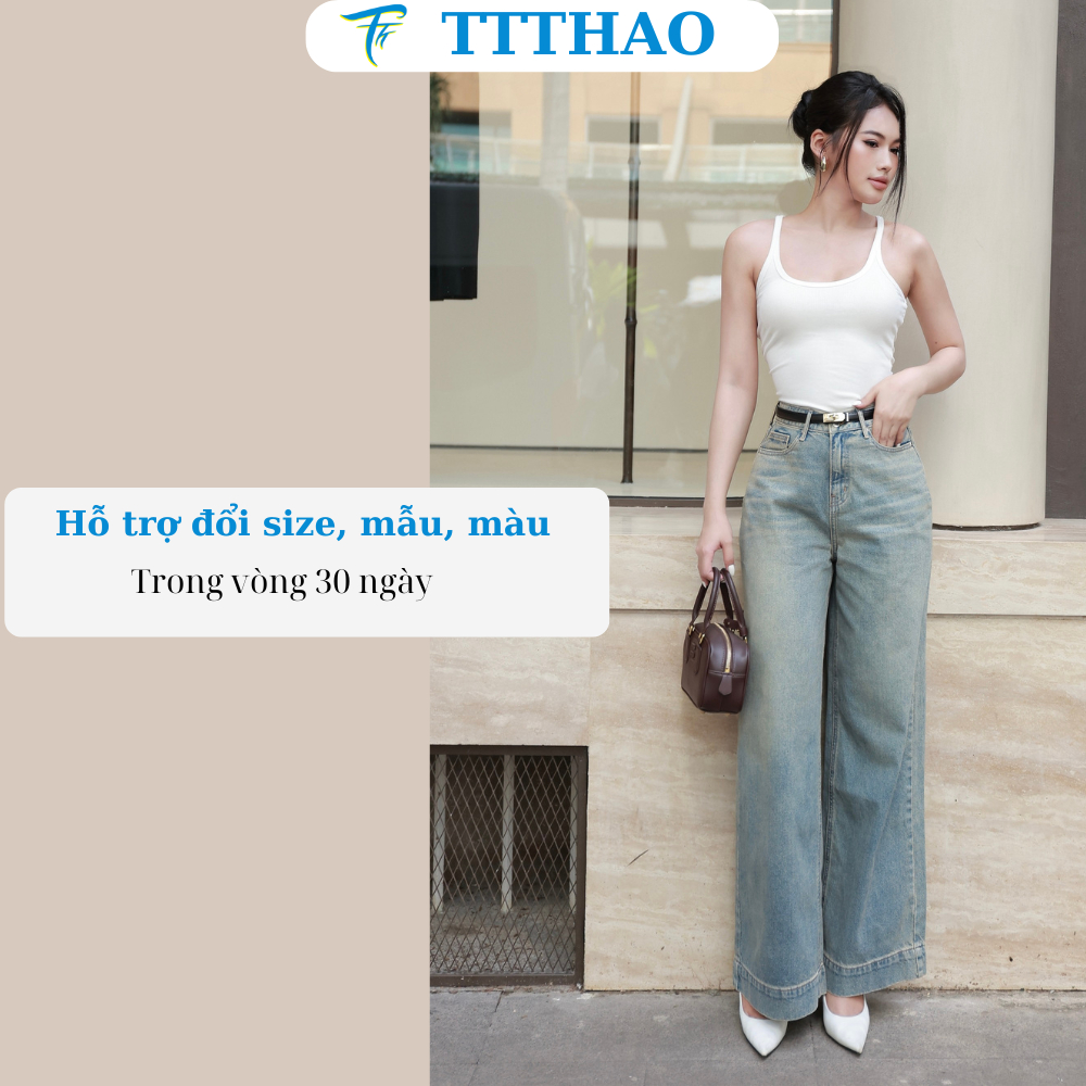 Quần jeans nữ TTTHAO ống rộng dài 103-105cm cao cấp  lưng cao 100% jeans cotton không co giãn J23