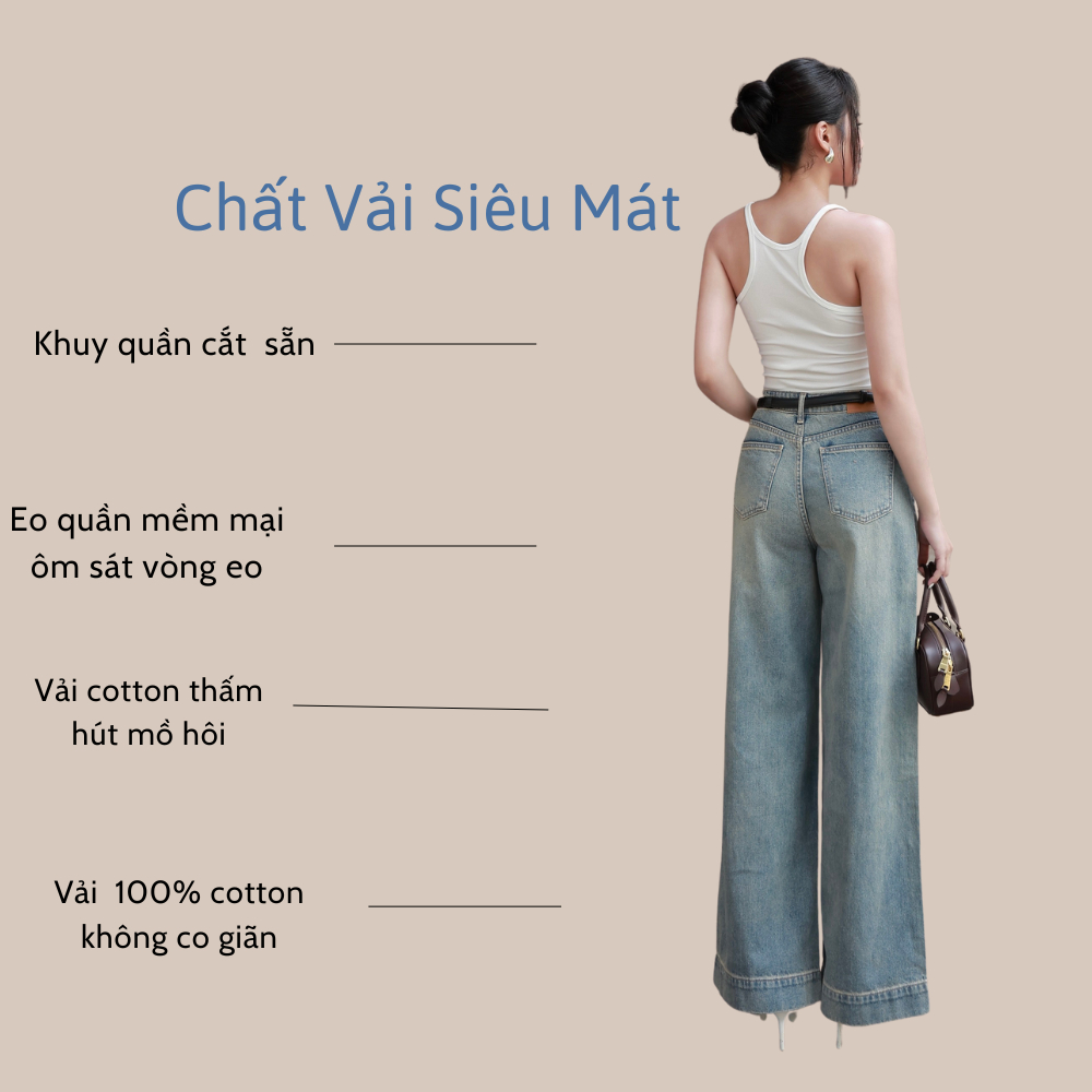 Quần jeans nữ TTTHAO ống rộng dài 103-105cm cao cấp  lưng cao 100% jeans cotton không co giãn J23