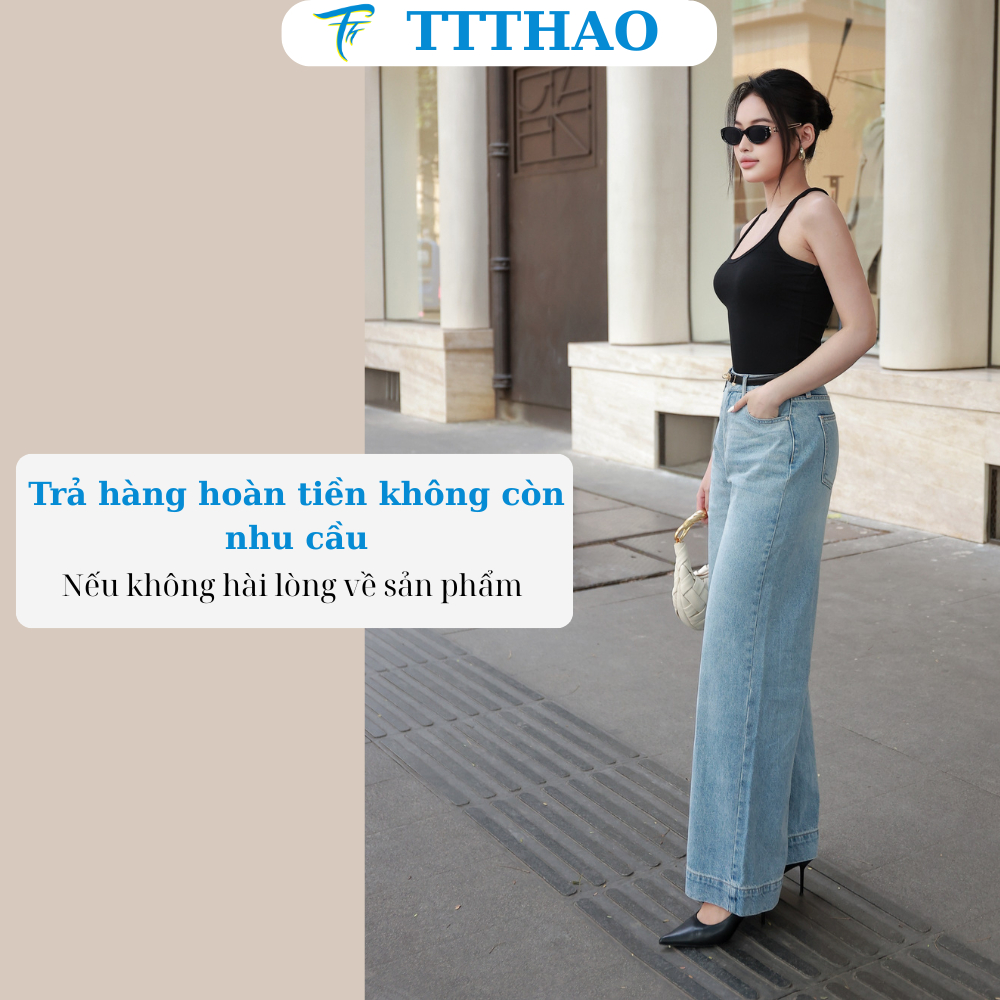 Quần jeans nữ TTTHAO ống rộng dài 103-105cm cao cấp  lưng cao 100% jeans cotton không co giãn J23