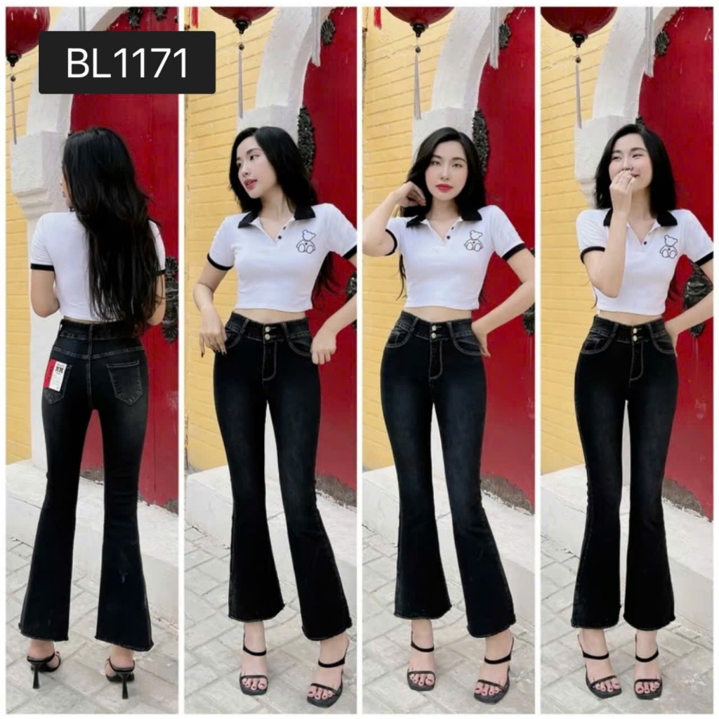 Quần jean Nữ, Quần Bò Nữ 9 tấc Lưng Cao Ống Loe Tôn Dáng Dài 90-92cm