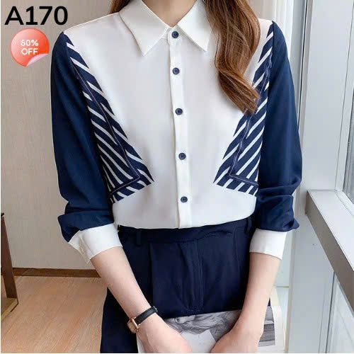 Áo Sơ Mi Nữ Công Sở Phối Trắng Xanh Thanh Lịch Chất Mango Mềm Mát, Dáng Suông Dễ Mặc -  Mã  A170