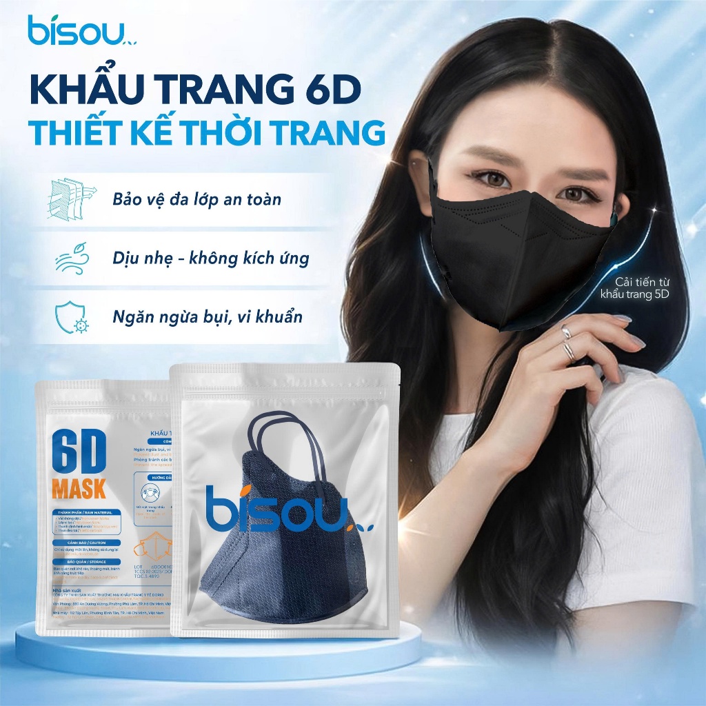 Túi 10 cái khẩu trang cao cấp 6D hiệu BISOU