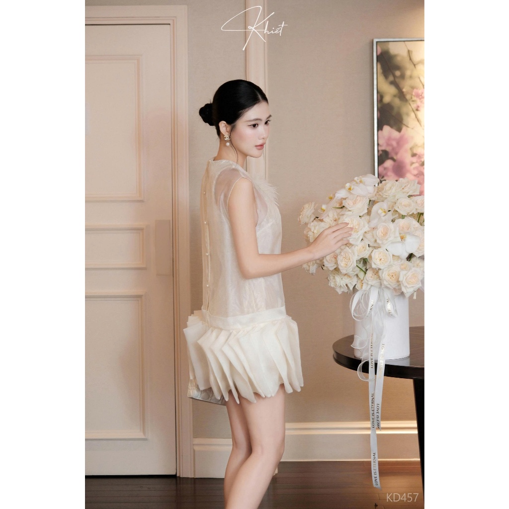 Đầm Khiết 2 lớp ren phối tơ cao cấp, thiết kế tùng váy xếp pli bồng xòe tinh xảo KD457