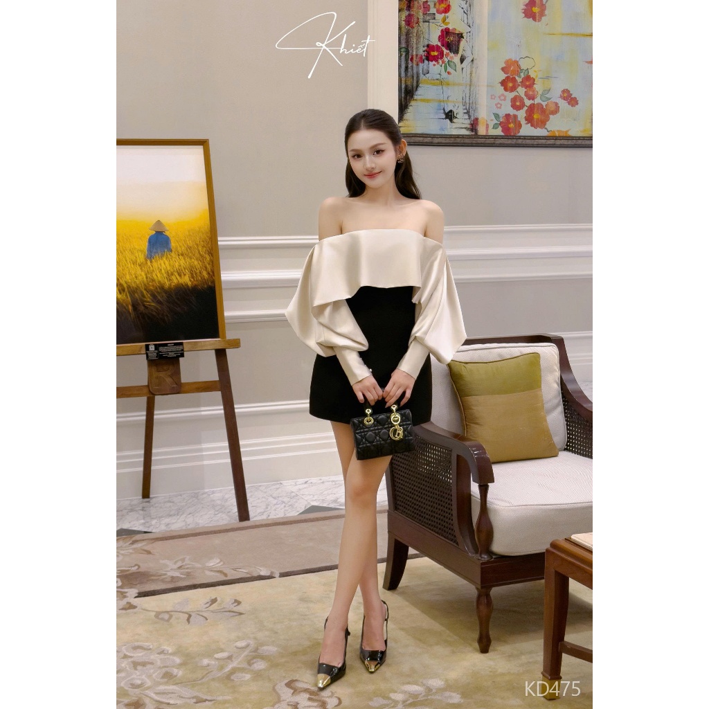 Đầm lụa trễ vai phối kem & đen thanh lịch, thiết kế tay phồng Khiết phong cách tiệc sang trọng KD475