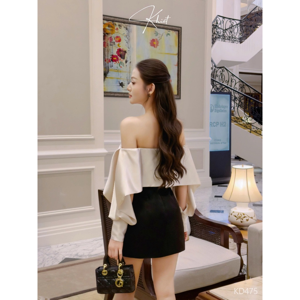 Đầm lụa trễ vai phối kem & đen thanh lịch, thiết kế tay phồng Khiết phong cách tiệc sang trọng KD475