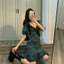 Váy Nữ Xanh Rêu Hoa Nhí Cổ V Tay Phồng | Đầm Hoa Nhí Phong Cách Hàn Quốc | Có Sẵn Size S/M