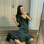 Váy Nữ Xanh Rêu Hoa Nhí Cổ V Tay Phồng | Đầm Hoa Nhí Phong Cách Hàn Quốc | Có Sẵn Size S/M